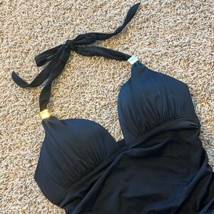 Victoria's Secret Black Ruched Halter One‎ Piece Swimsuit Gold Hardware Large